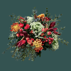 Clementine bouquet of orange and red flowers tied in a natural, wild style.