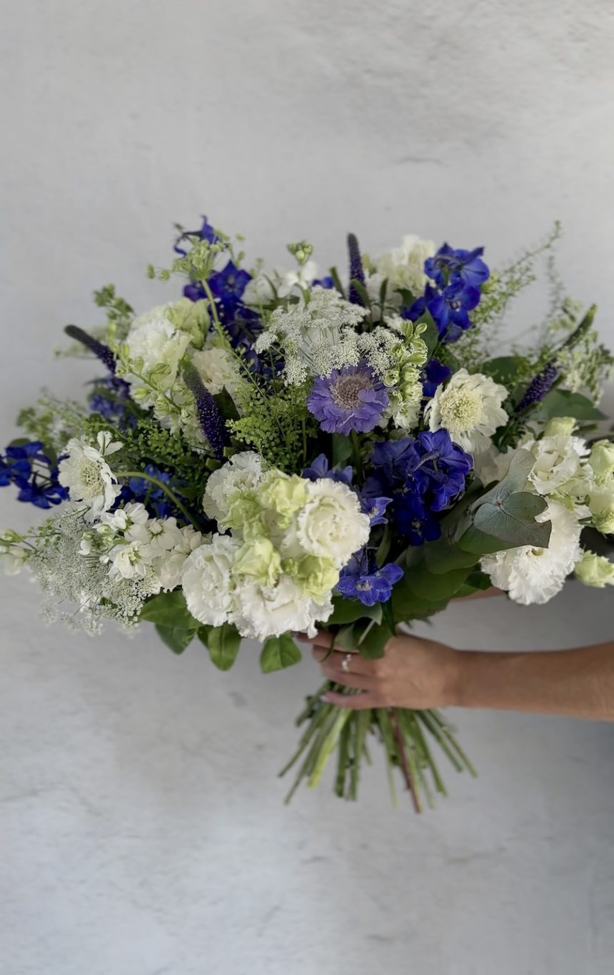 Wilder bouquet Flower subscription bouquets. White and Blue bouquet available for delivery in welwyn and hertfordshire as well as nationwide.