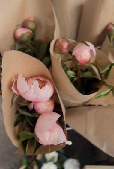 Seasonal bouquet that includes peonies