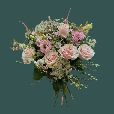 Bronte bouquet of pink roses and wild flowers